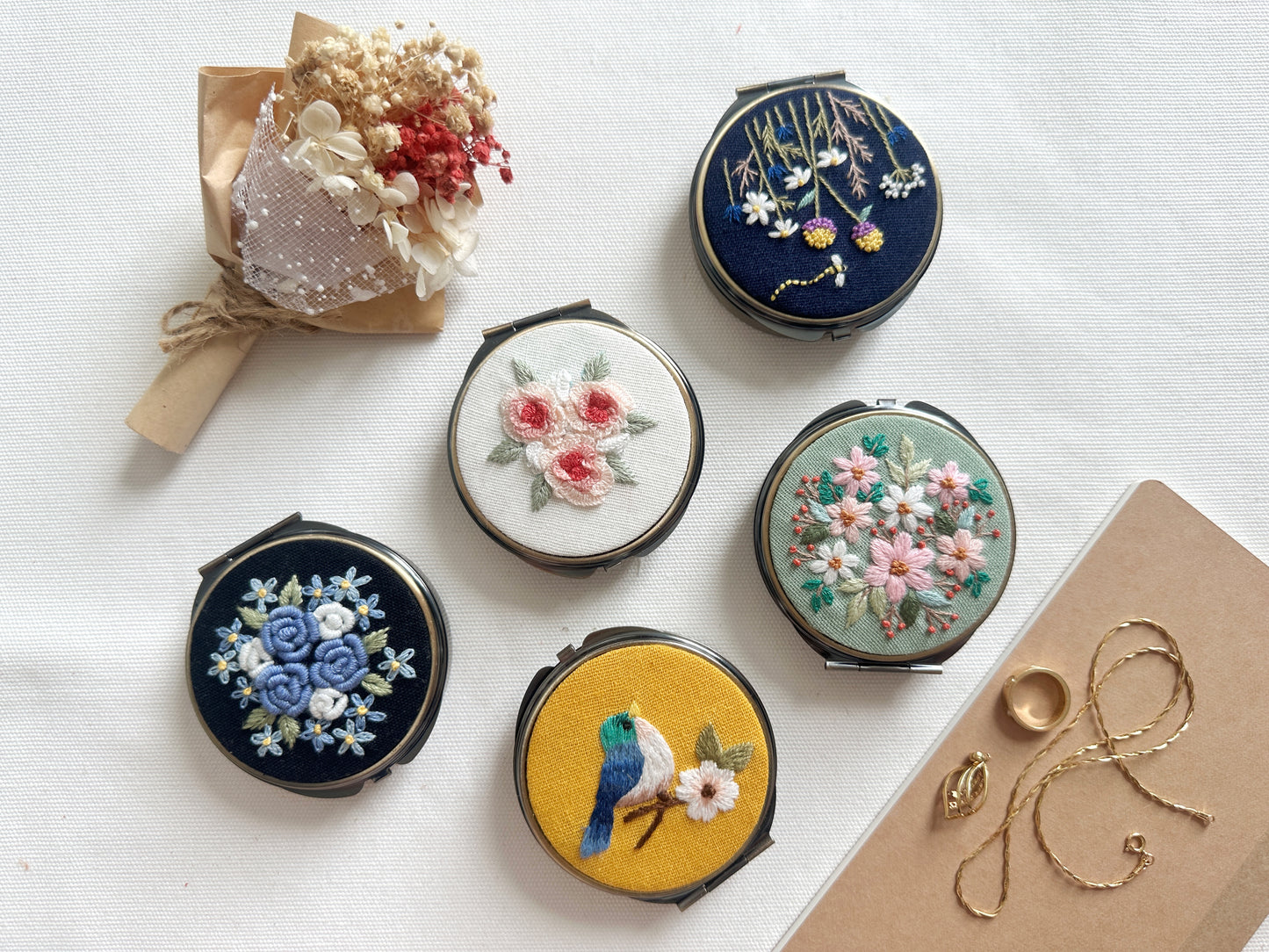 Floral Embroidered Round Jewelry Box With Mirror