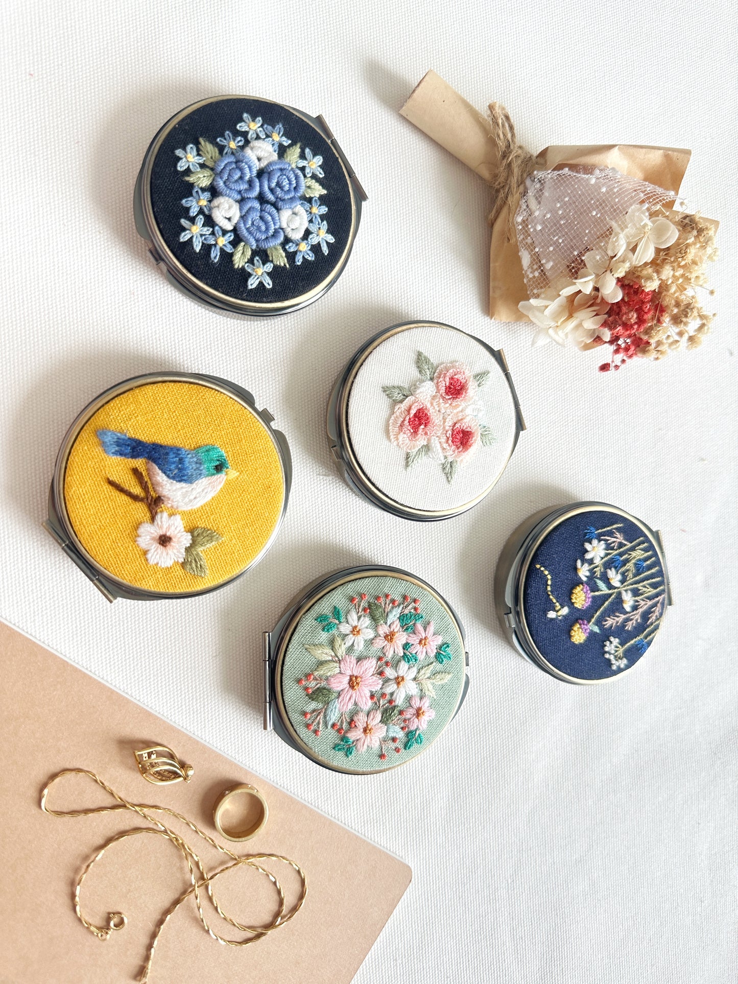 Floral Embroidered Round Jewelry Box With Mirror