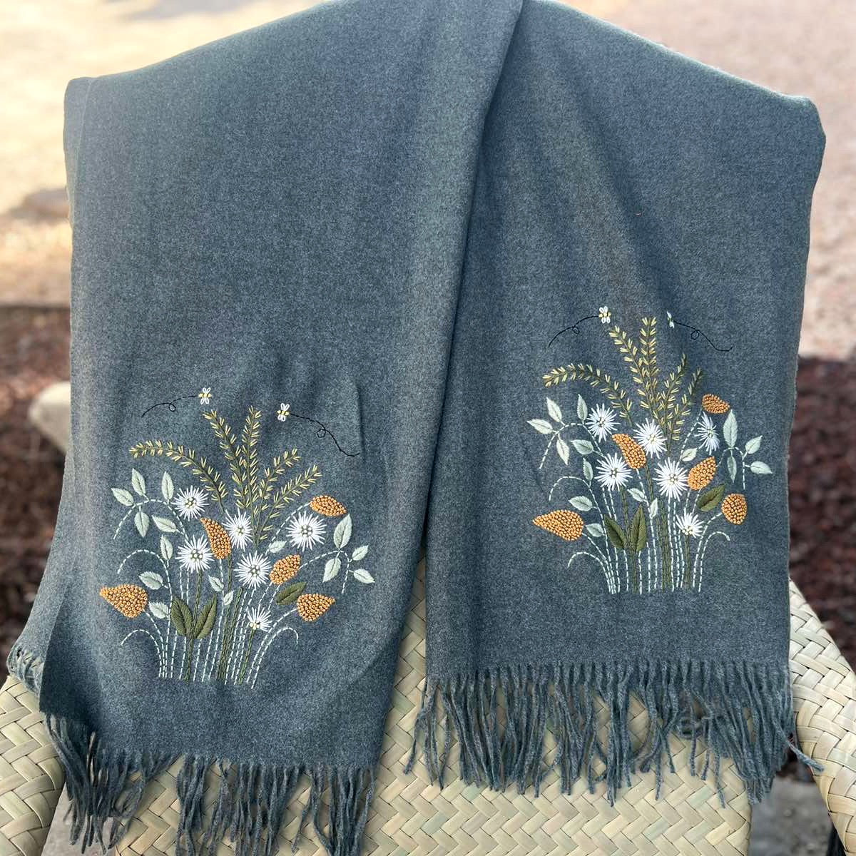 Flower Garden Hand-Embroidered Cashmere Grey Scarf