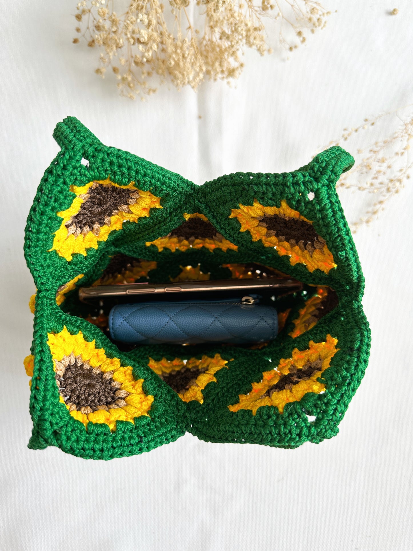 Hand-Crochet Sunflower Mini Green Tote Bag