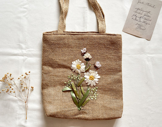 Ribbon Embroidered Daisy Branch Jute Bag