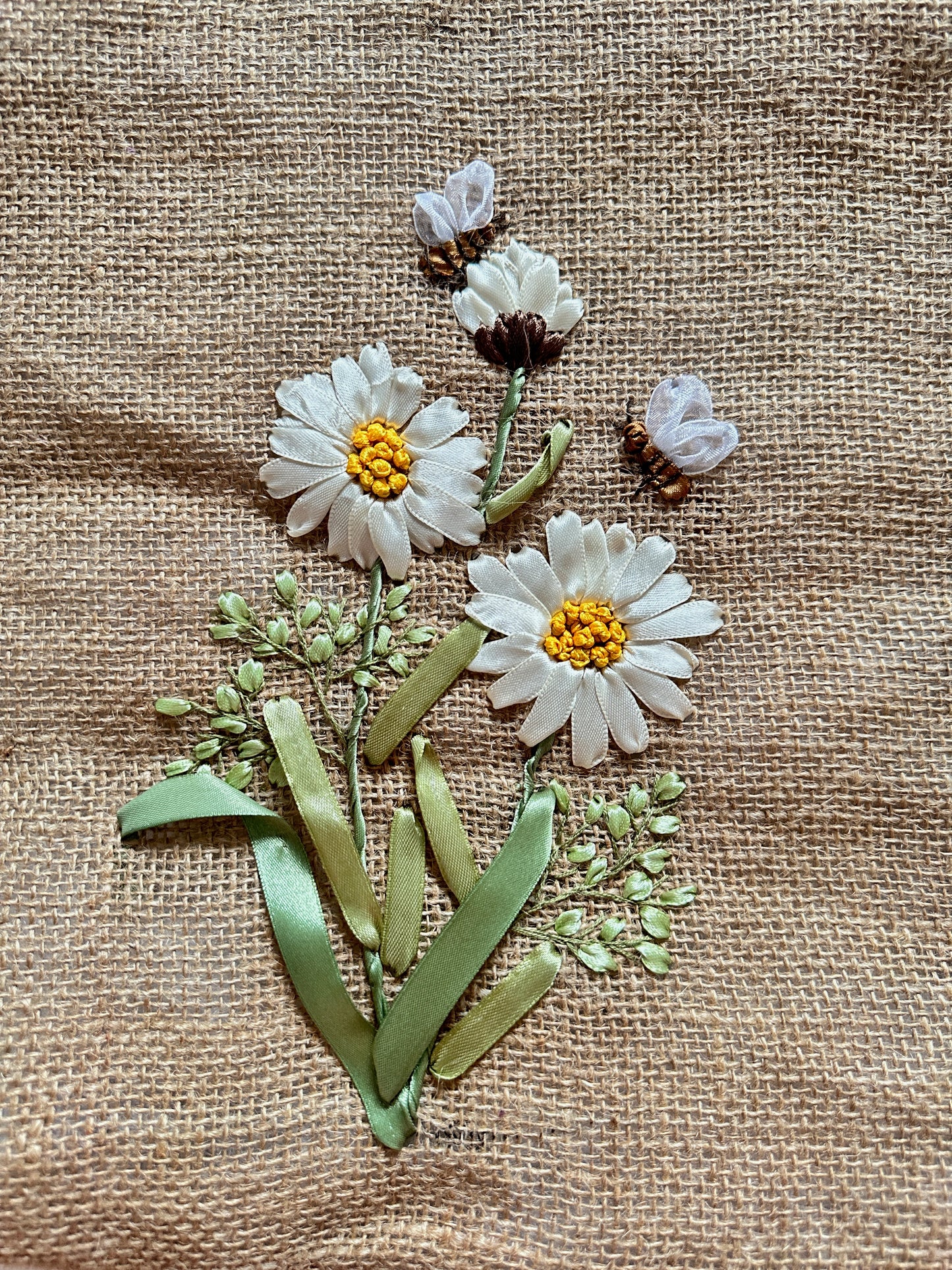 Ribbon Embroidered Daisy Branch Jute Bag