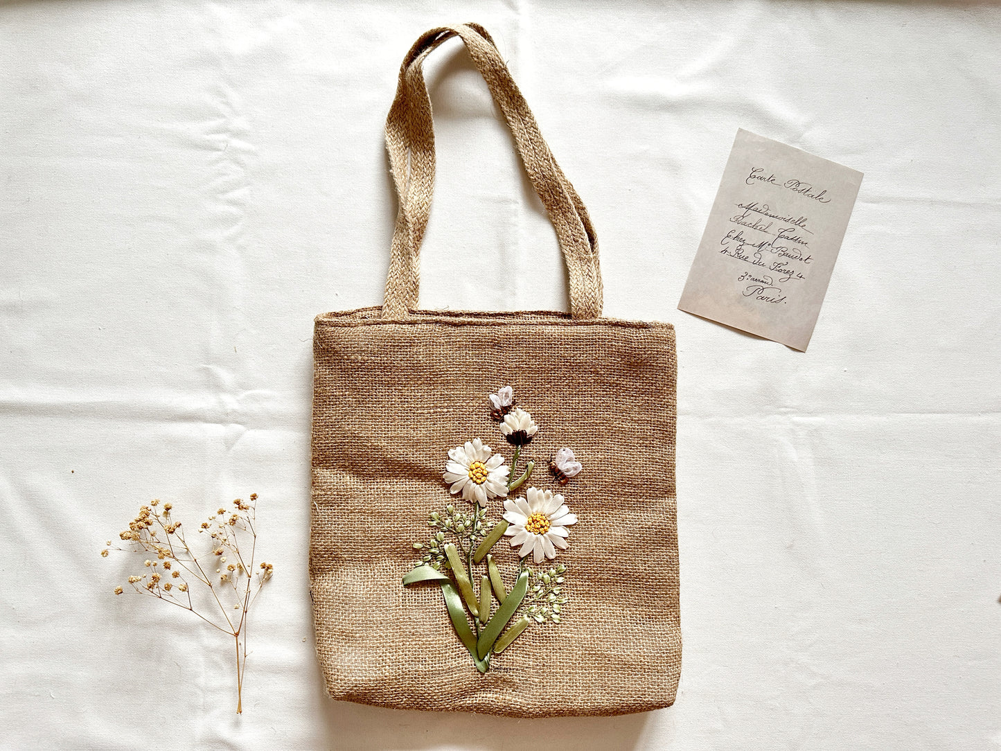Ribbon Embroidered Daisy Branch Jute Bag