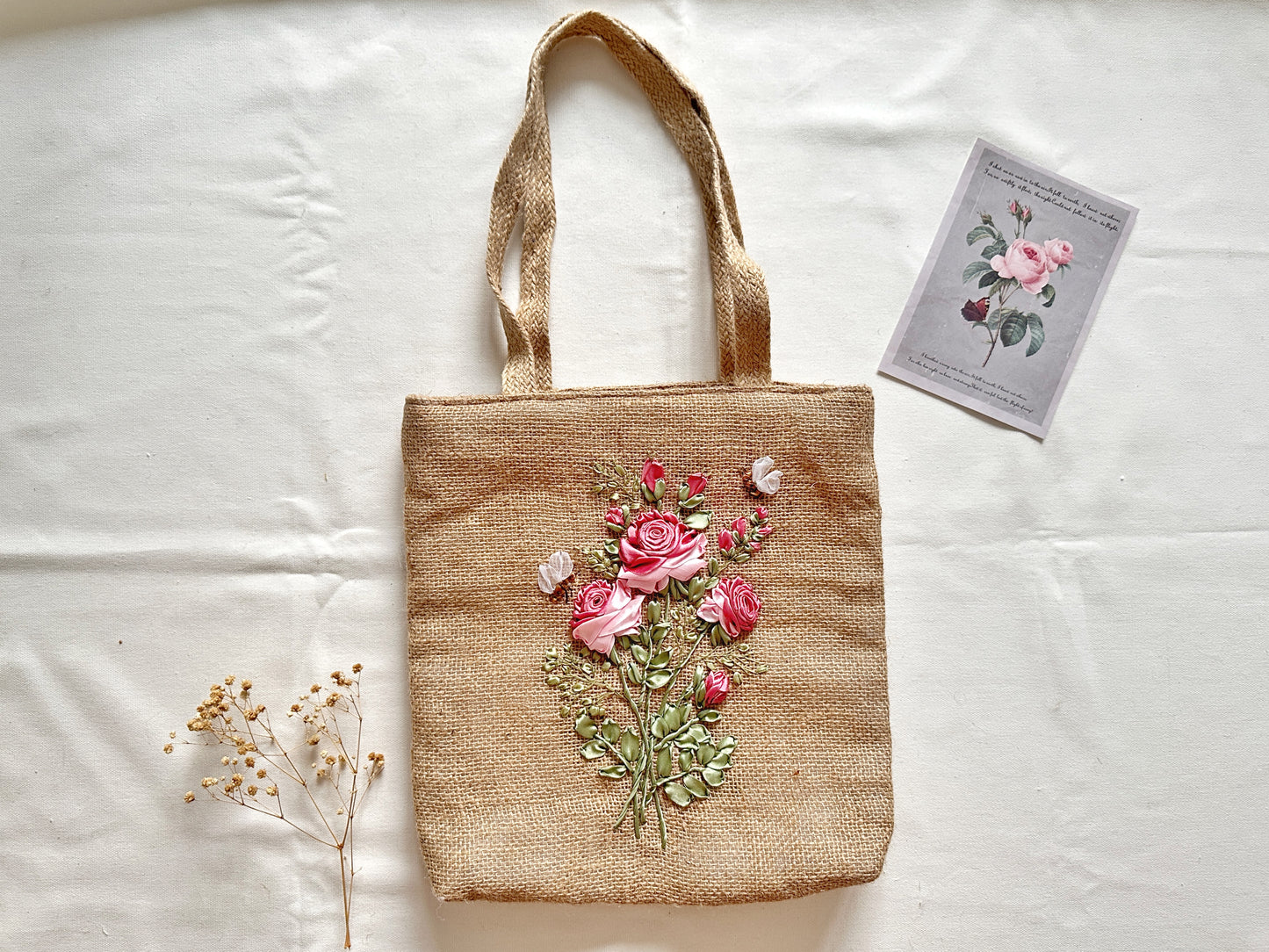 Ribbon Embroidered Rose Jute Bag