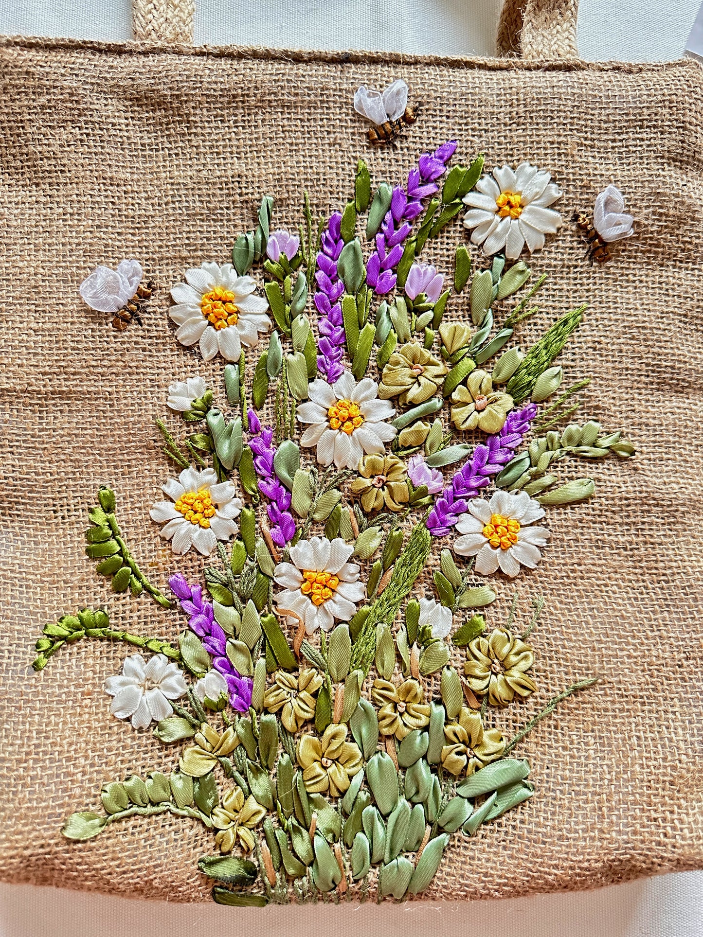 Ribbon Embroidered Flower Garden Jute Bag