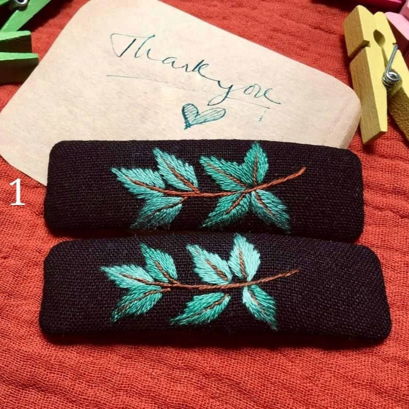 Floral Embroidered Hair Barrette, Black Collection