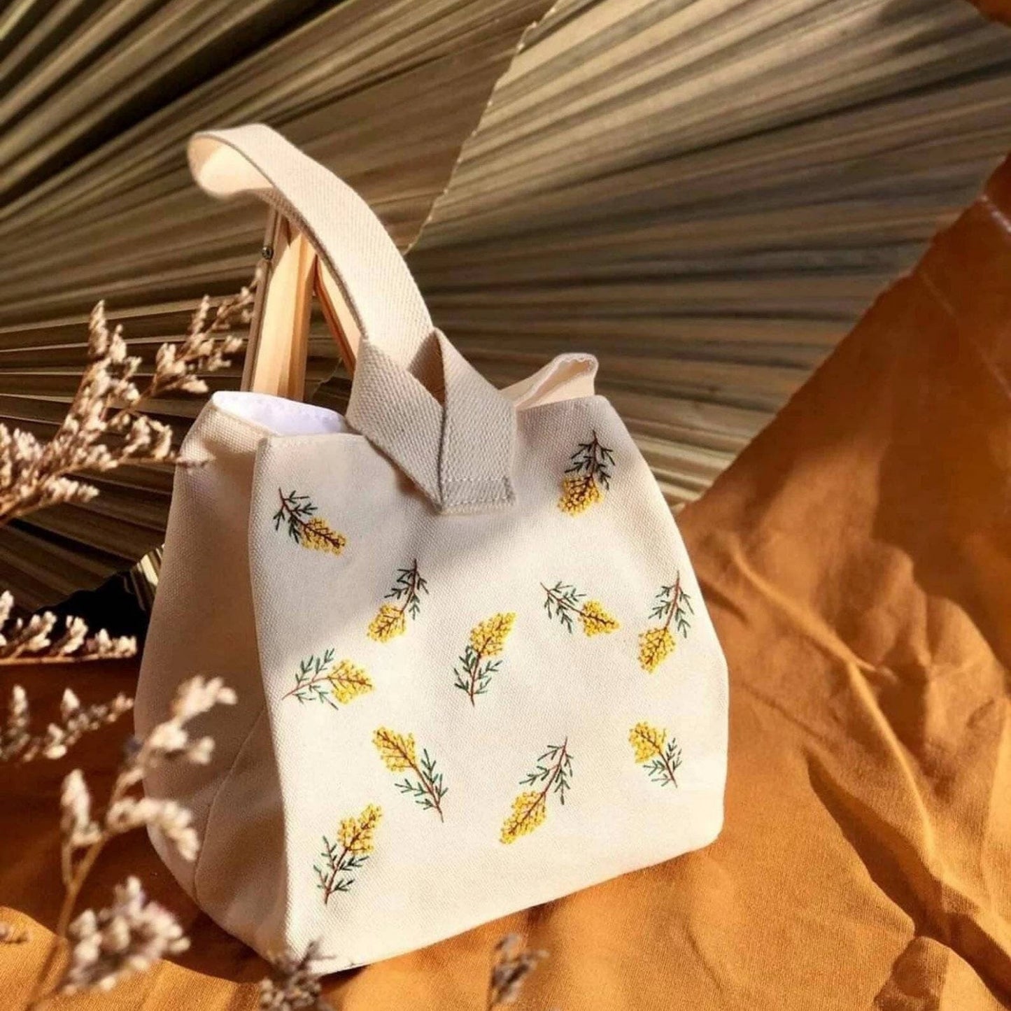 Yellow Mimosa Flower Embroidered Lunch Bag / Small Canvas Bag