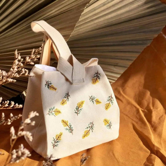 Yellow Mimosa Flower Embroidered Lunch Bag / Small Canvas Bag