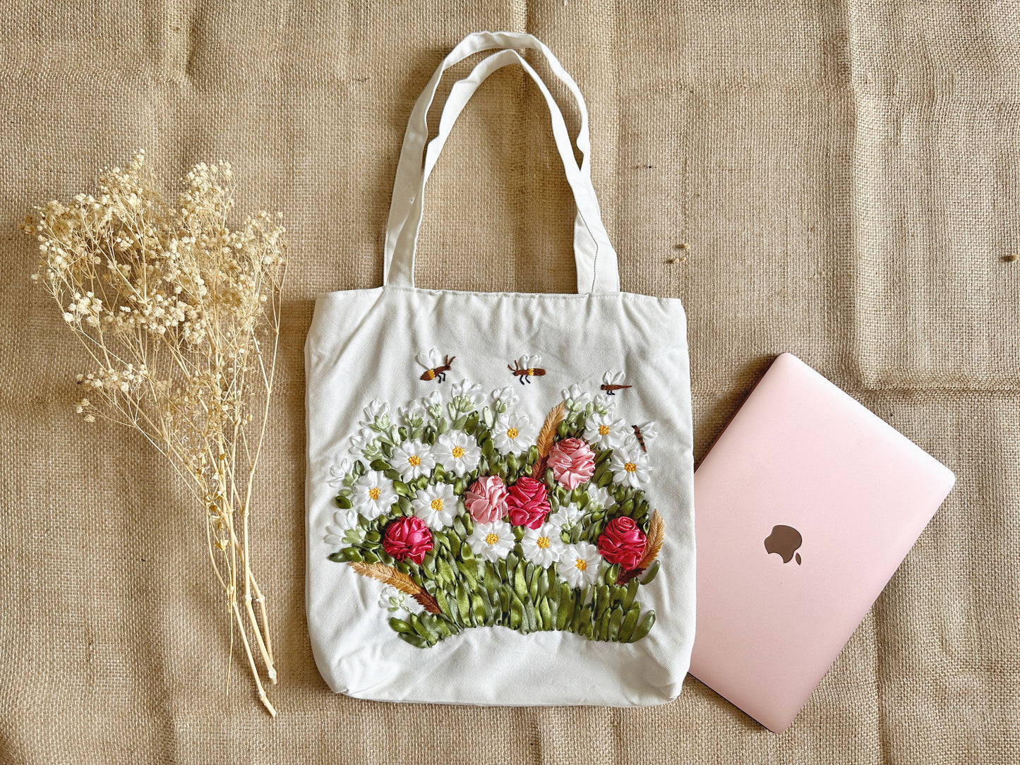 White Linen Bag With Flower Garden Ribbon Embroidery