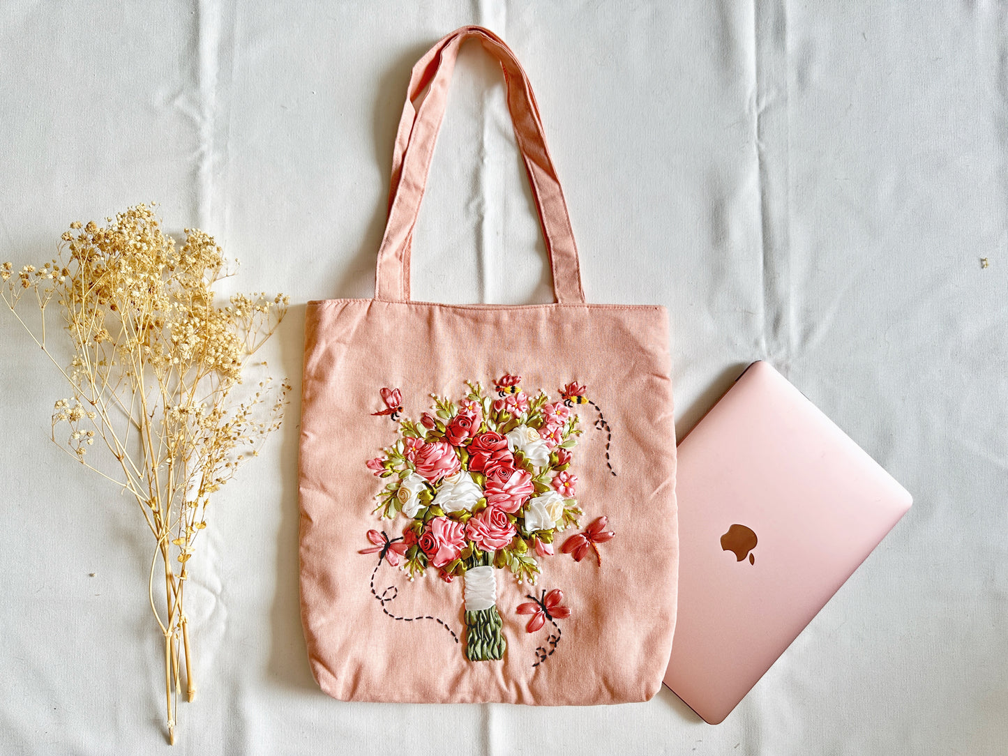 Pink Linen Bag With Flower Bouquet Ribbon Embroidery