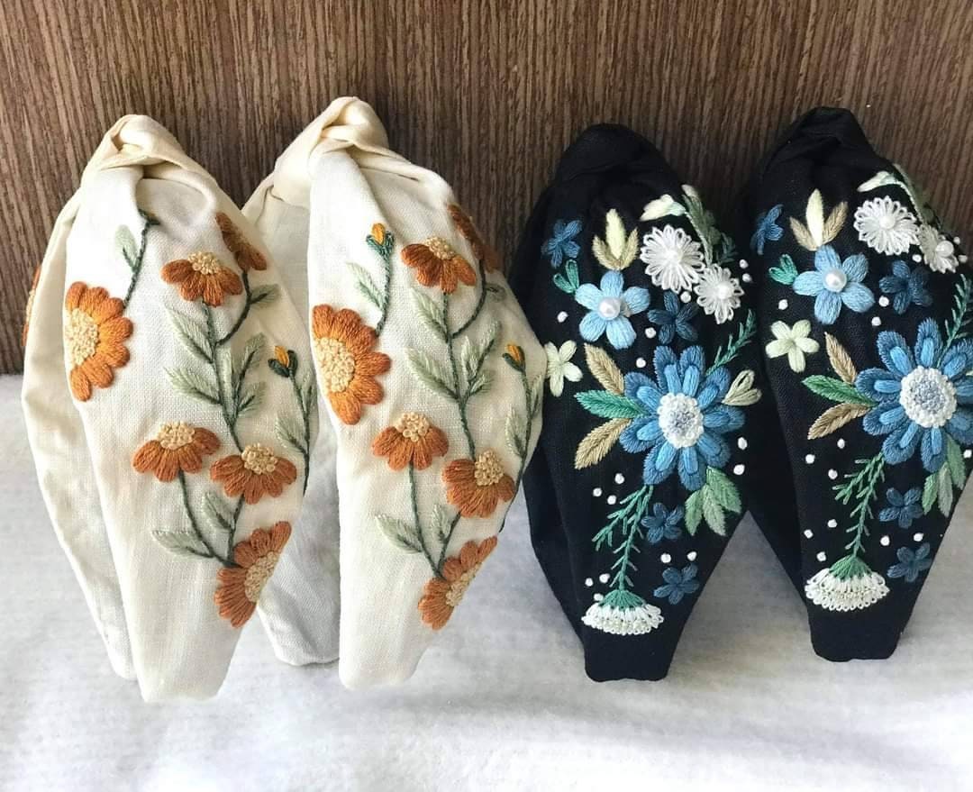 Floral Embroidered Linen Knot Turban, Camilia Collection