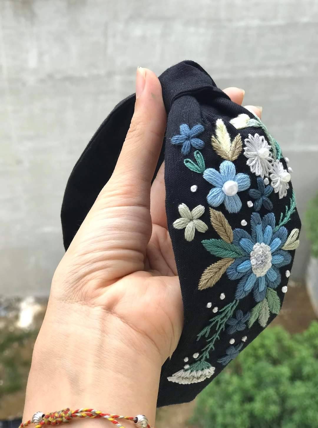 Floral Embroidered Linen Knot Turban, Camilia Collection