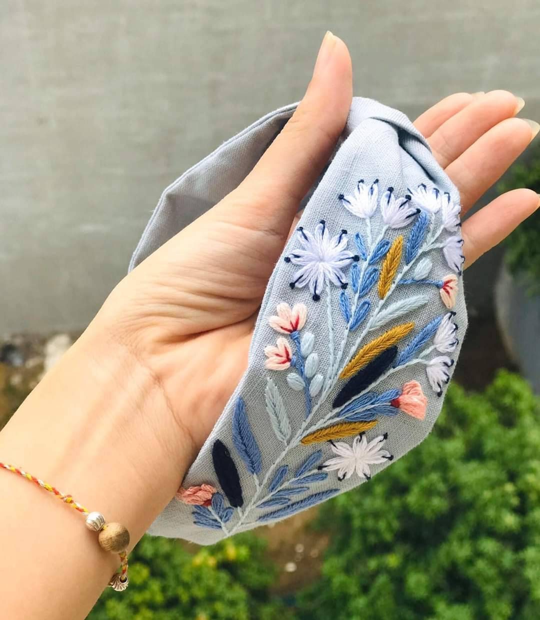 Floral Embroidered Linen Knot Turban, Camilia Collection