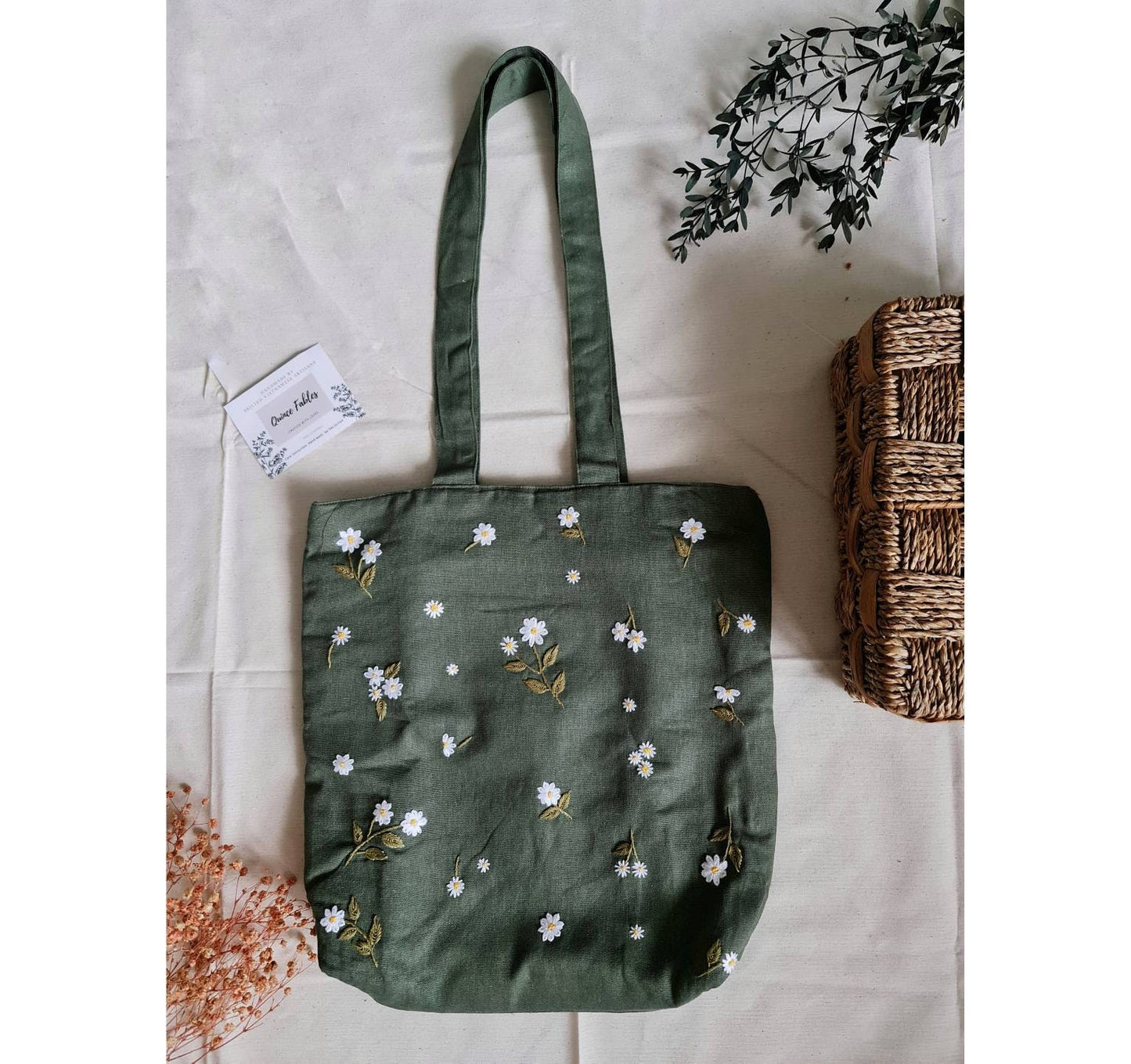 Small Daisies Embroidery Linen Tote Bag