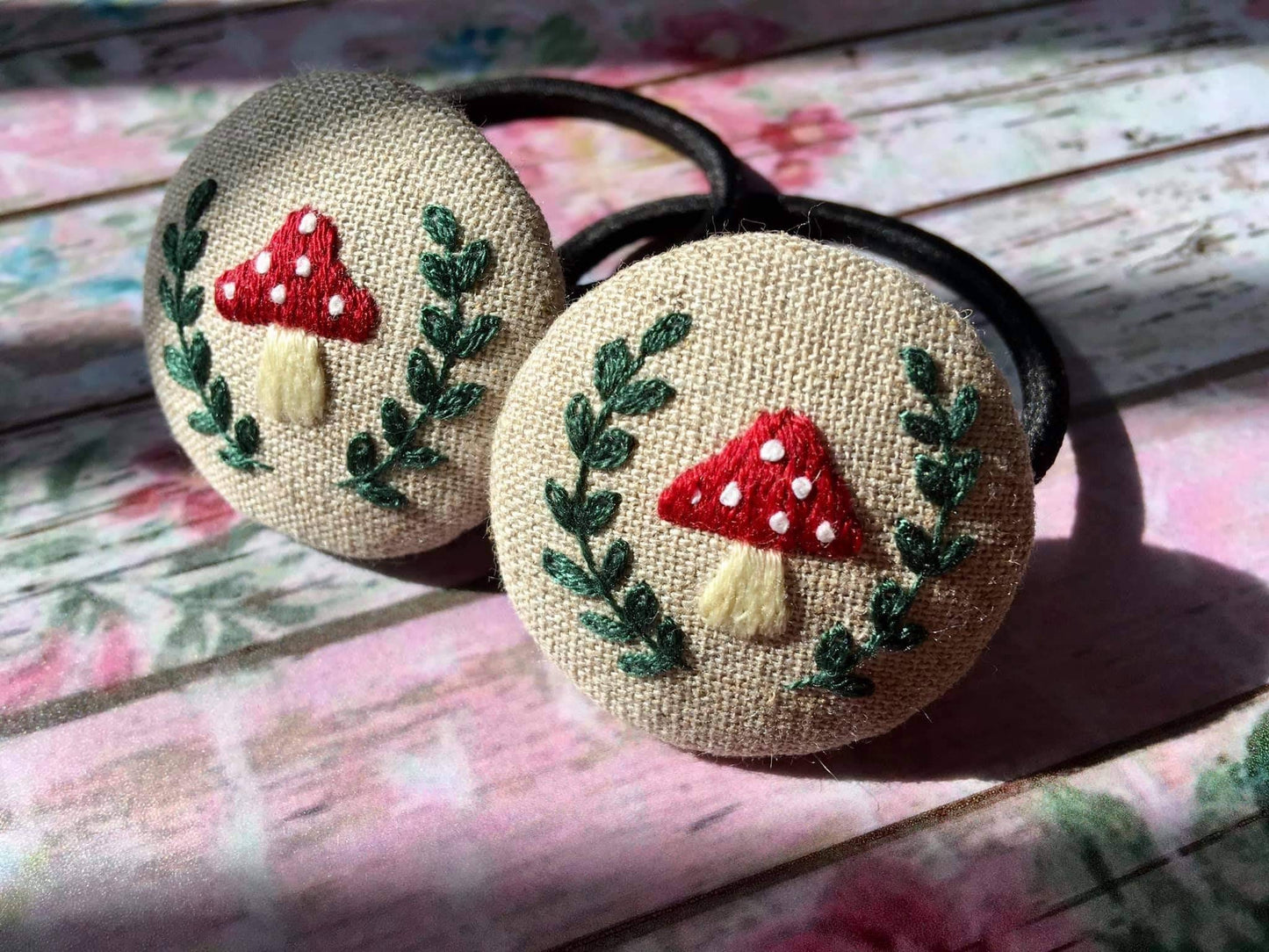 Flower Bee Fox Mushroom Cactus Embroidered Button Hair Tie