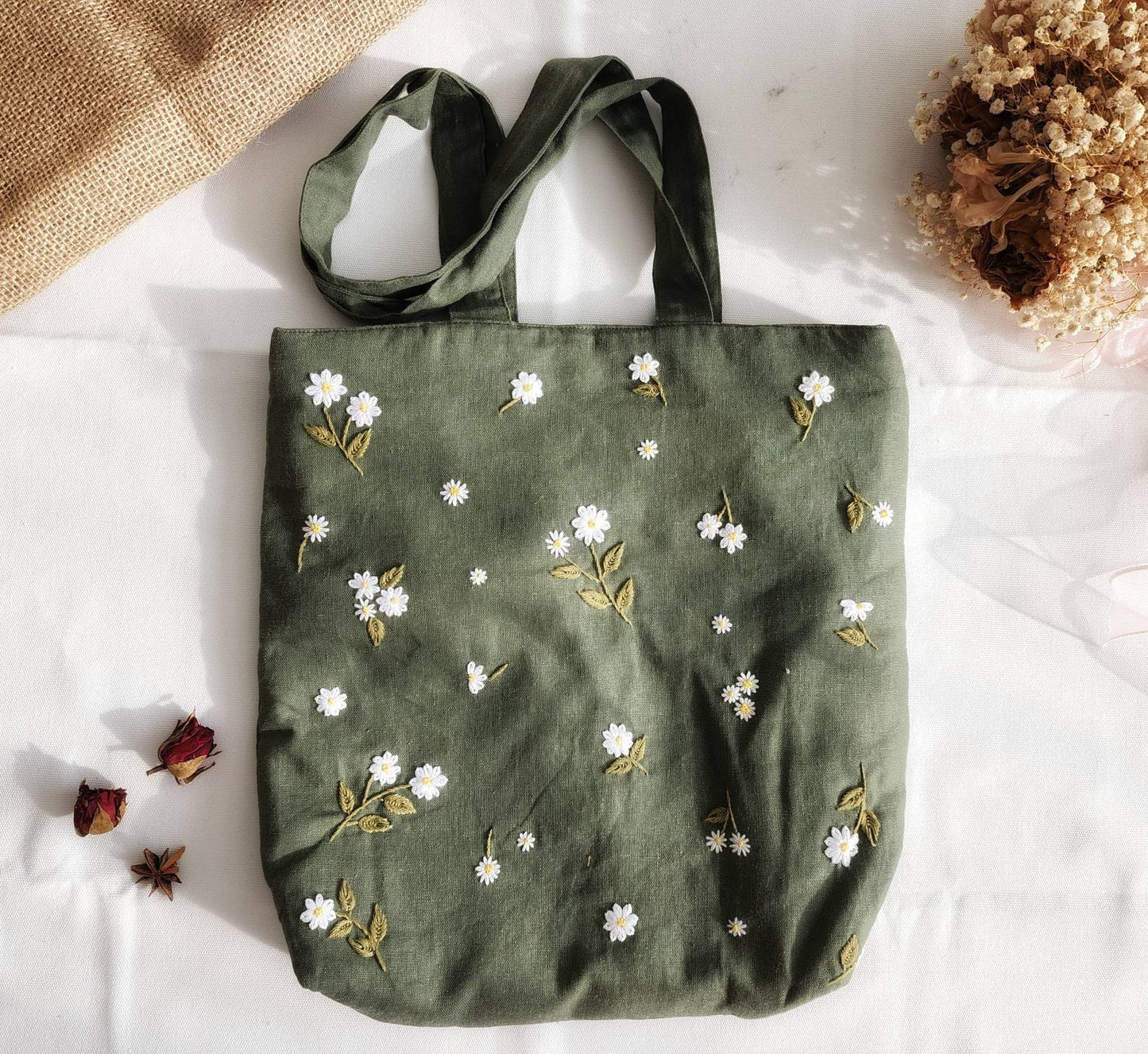 Small Daisies Embroidery Linen Tote Bag