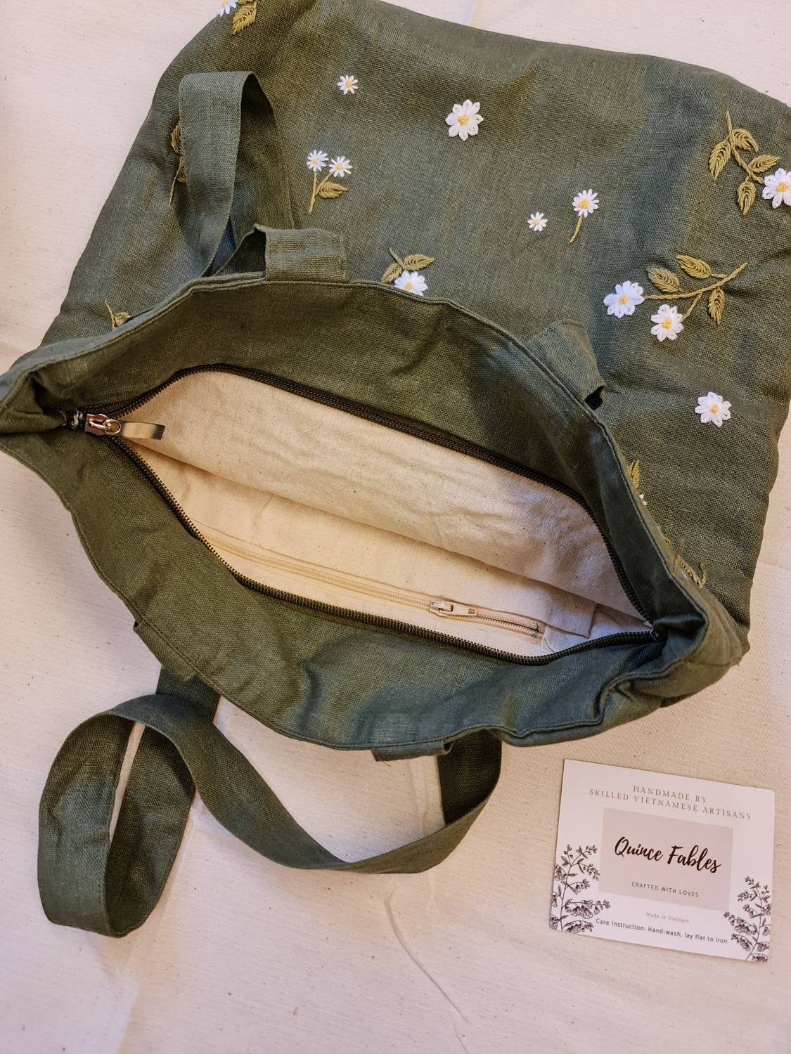 Sunflower Embroidered Green Linen Tote Bag