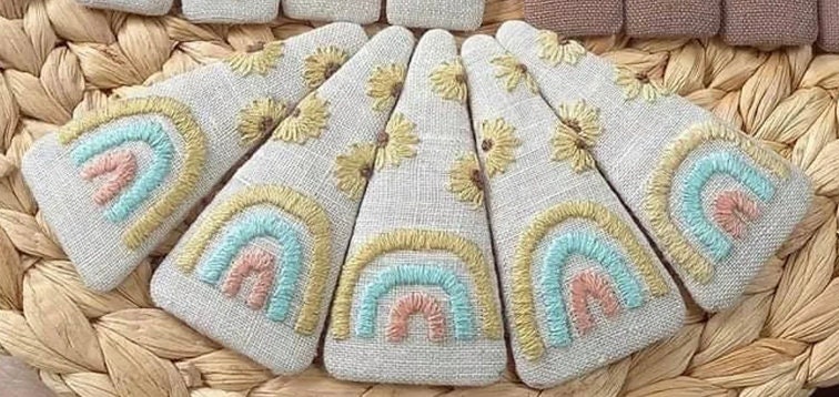 Mushroom Rainbow Poppy Girl Embroidered Hair Barrette