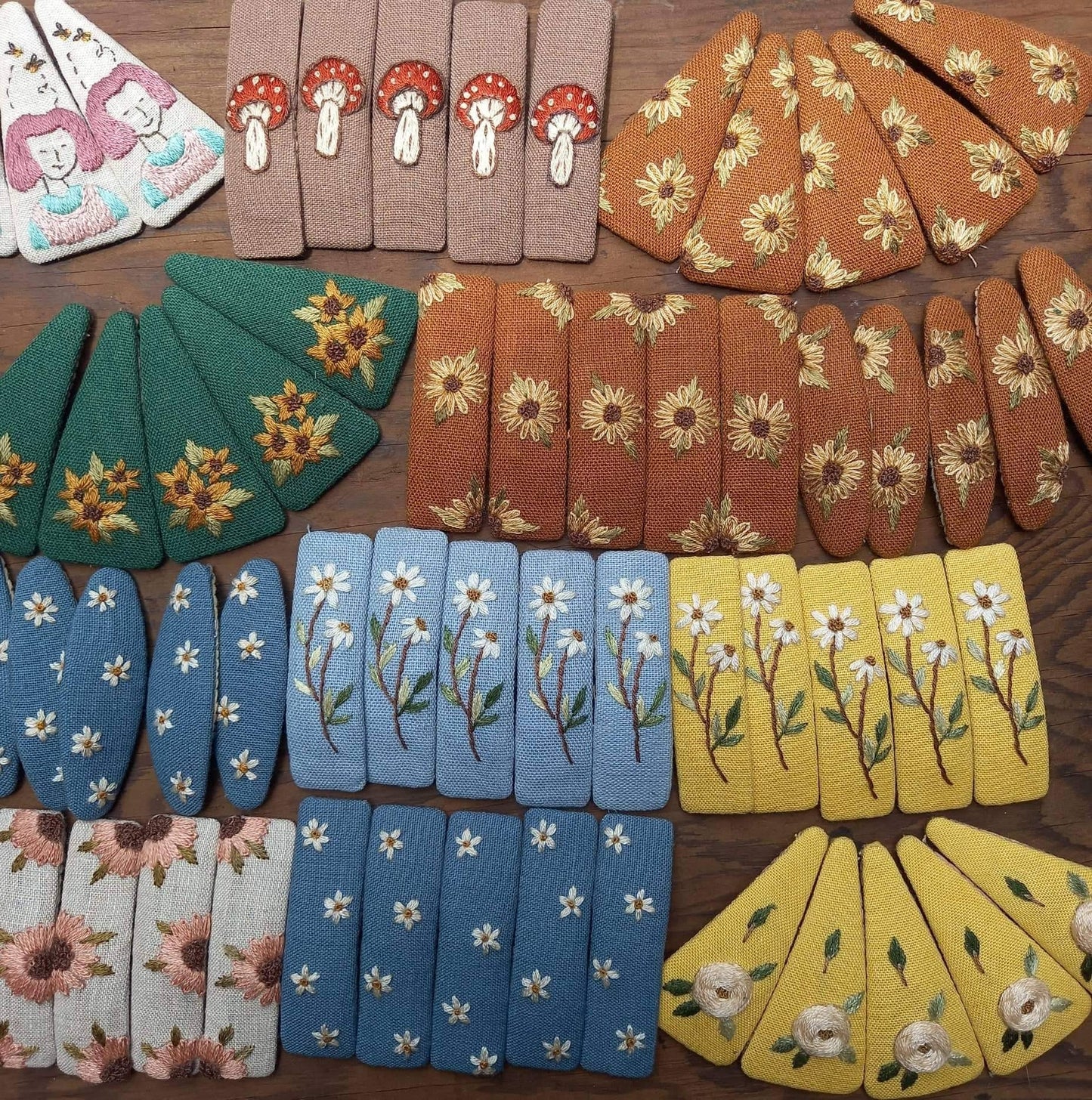 Sunflower Embroidered Hair Barrettes, Collection Aurora