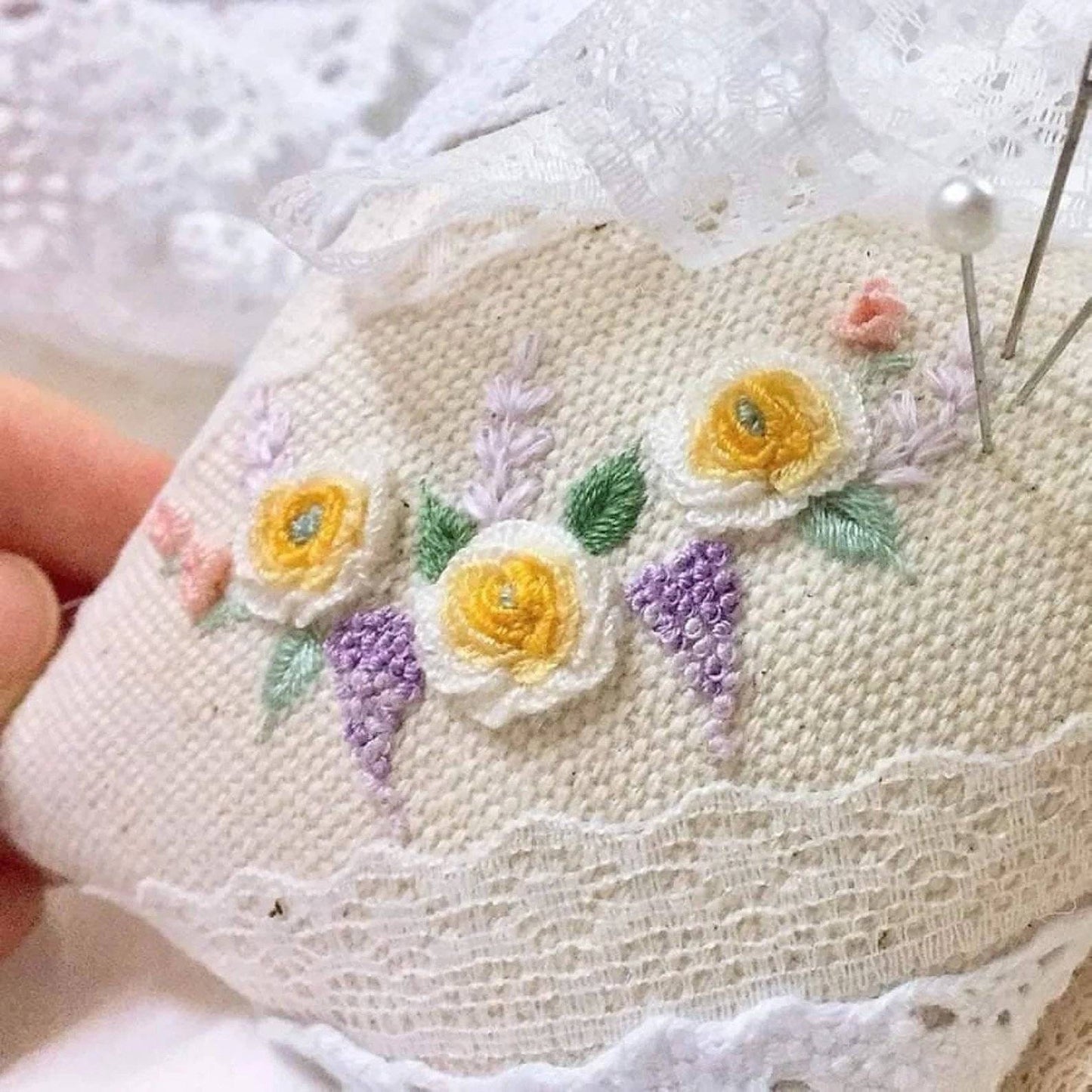Yellow Rose Embroidered With Lace Pincushion