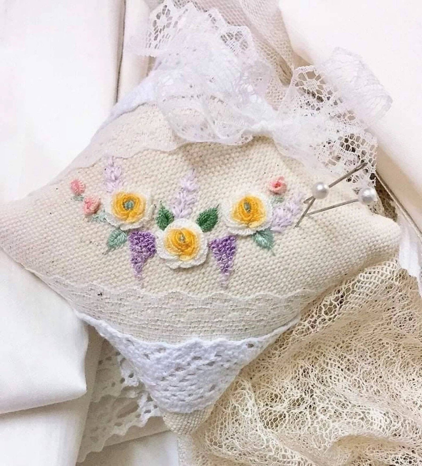 Yellow Rose Embroidered With Lace Pincushion