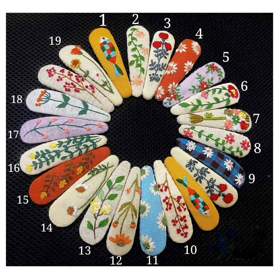 Floral Embroidered Linen Teardrop Hair Barrette, Collection Ellie