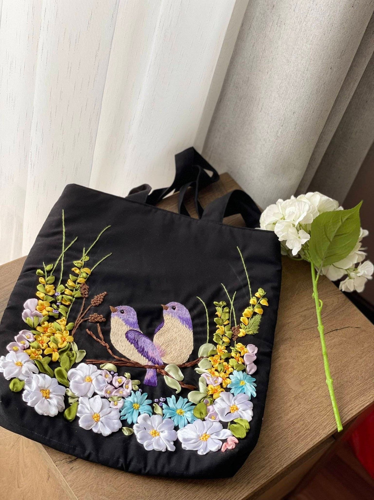 Black Linen Bag With Bird Ribbon Embroidery