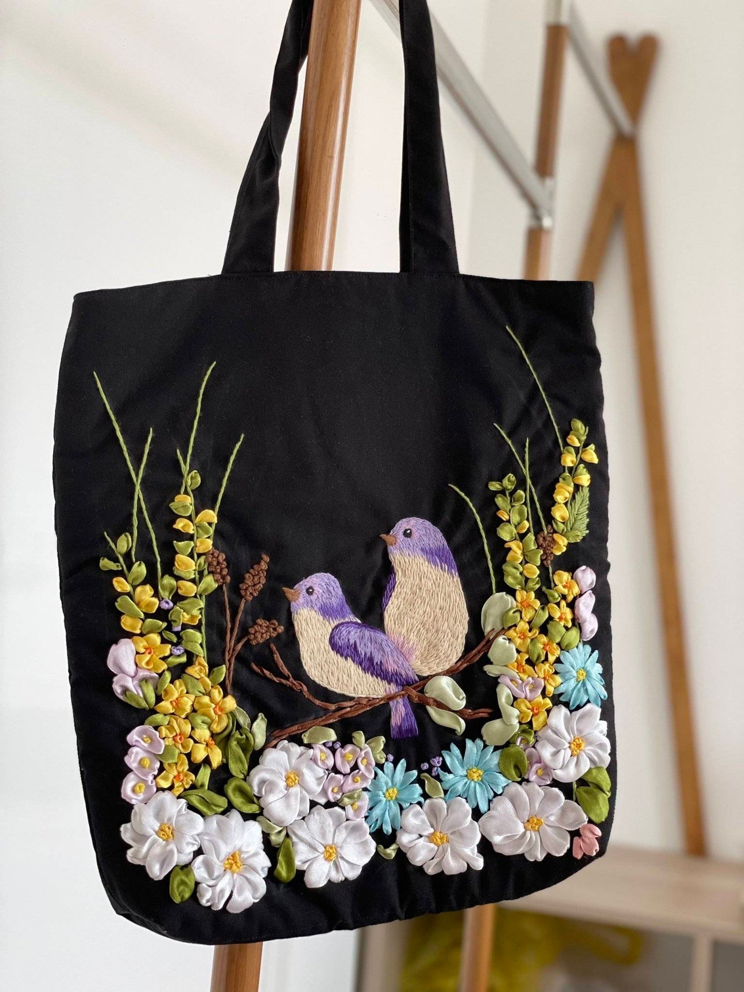 Black Linen Bag With Bird Ribbon Embroidery