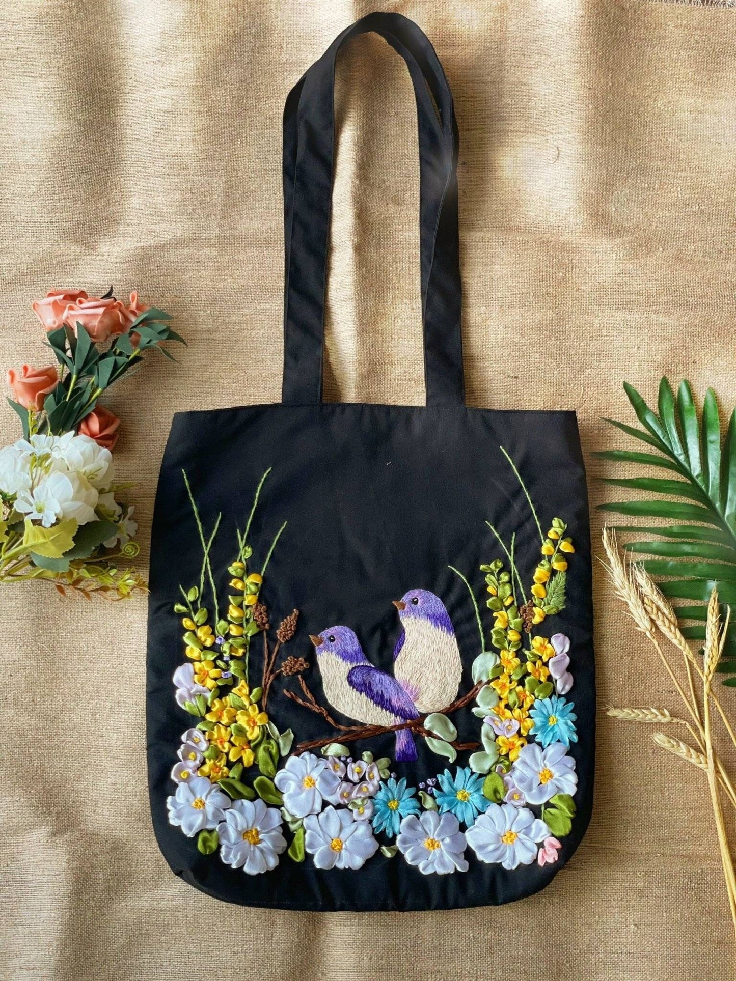 Black Linen Bag With Bird Ribbon Embroidery