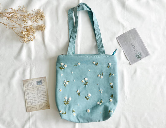 Daisy Embroidered Mint Blue Linen Bag