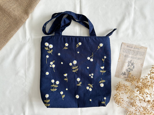 Daisy Embroidered Navy Blue Linen Bag