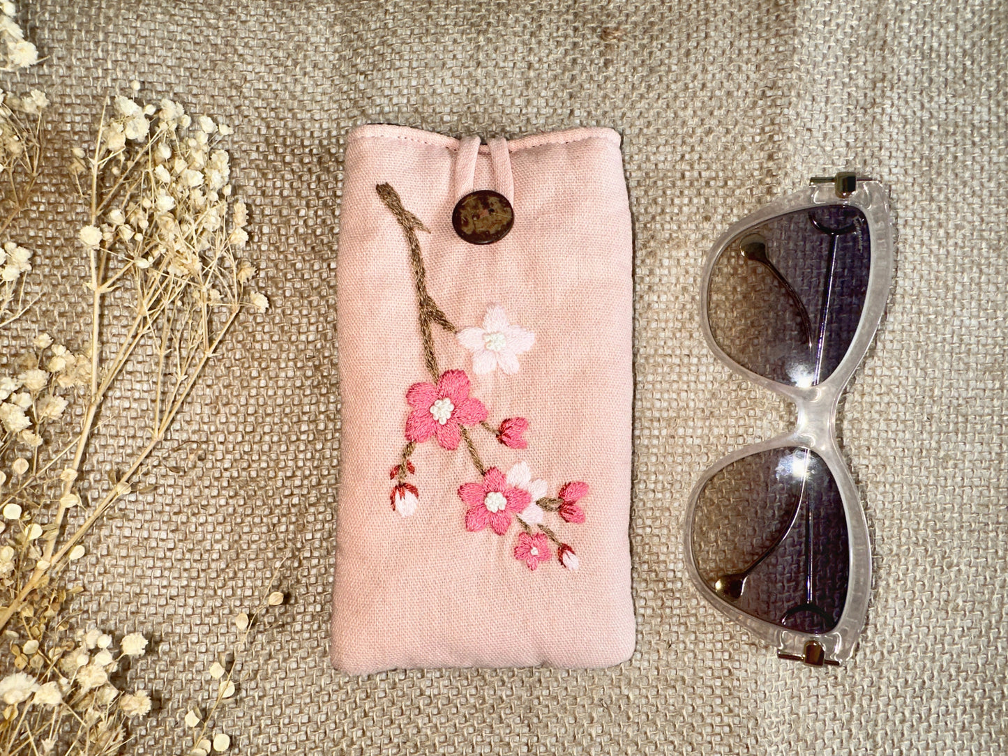 Flower Embroidered Soft Linen Padded Glasses Case