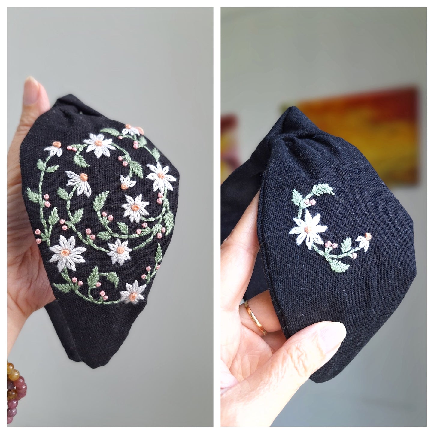 Floral Embroidered Linen Knot Turban, Collection Harper