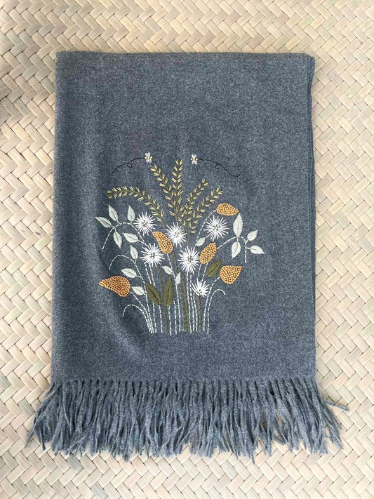 Flower Garden Hand-Embroidered Cashmere Grey Scarf