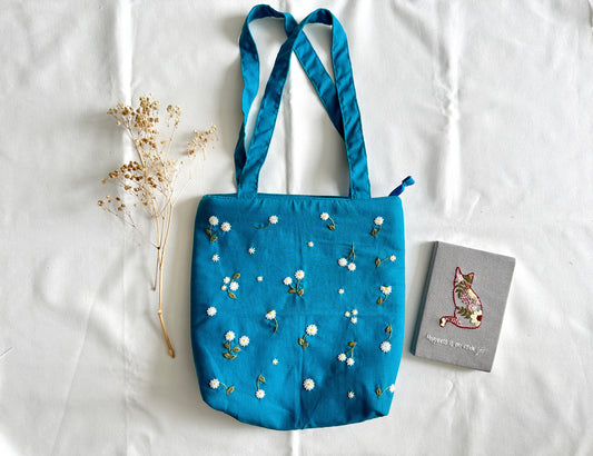 Daisy Embroidered Turquoise Blue Linen Bag