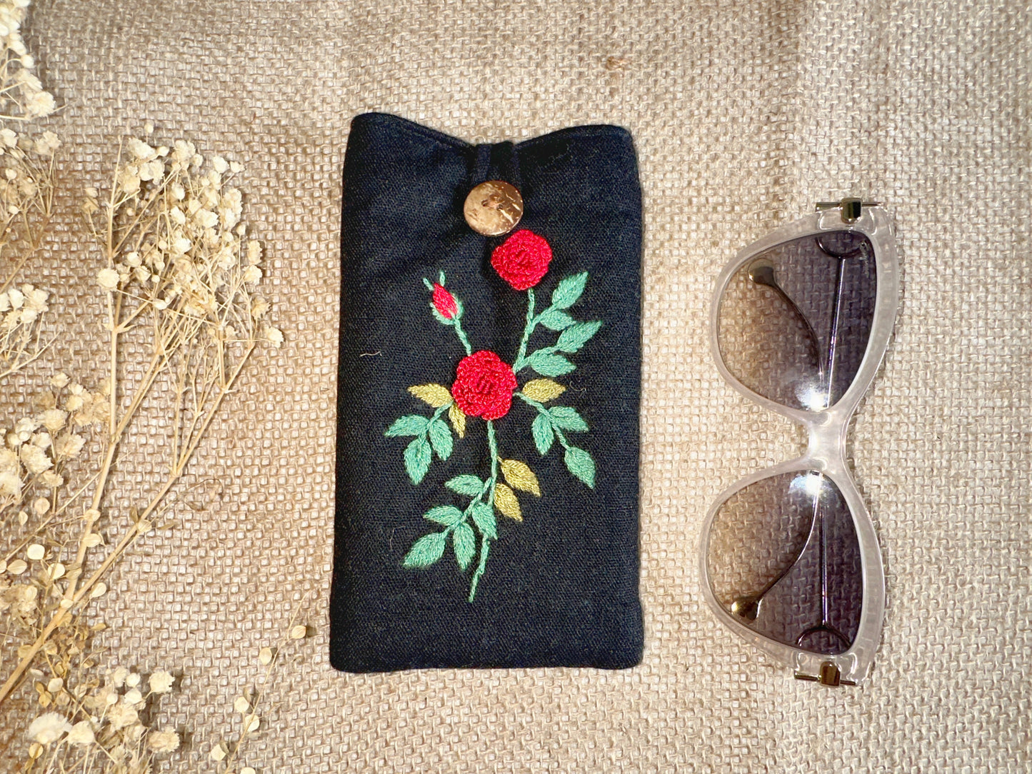 Flower Embroidered Soft Linen Padded Glasses Case