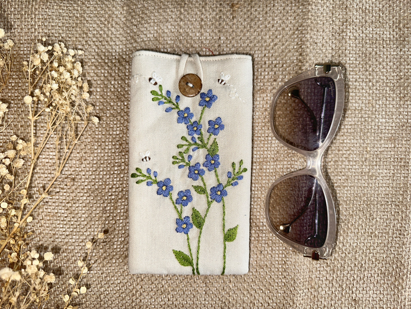 Flower Embroidered Soft Linen Padded Glasses Case