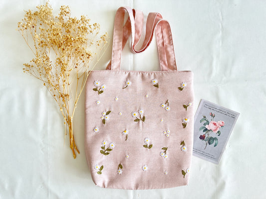 Daisy Embroidered Pastel Pink Linen Bag