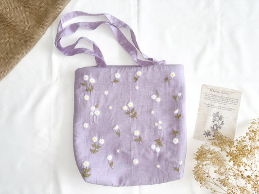 Daisy Embroidered Lavender Purple Linen Bag