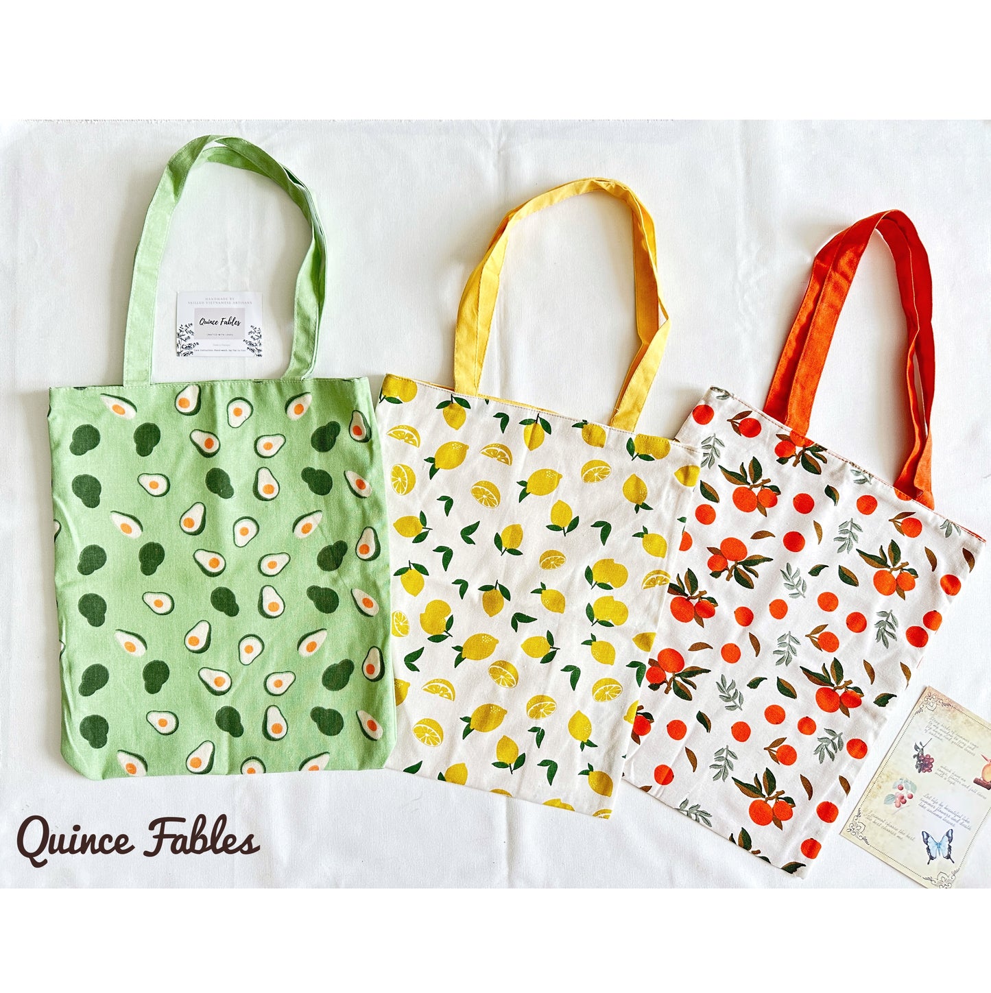 REVERSIBLE Lightweight Canvas Tote Bag With Avocado Lemon Orange Prints