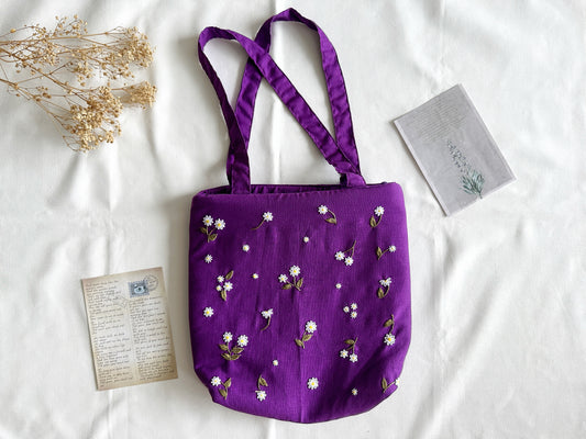 Daisy Embroidered Purple Linen Bag