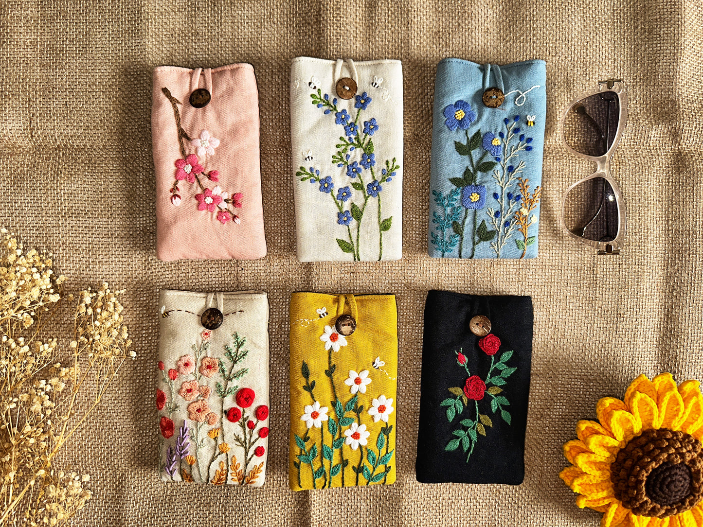 Flower Embroidered Soft Linen Padded Glasses Case