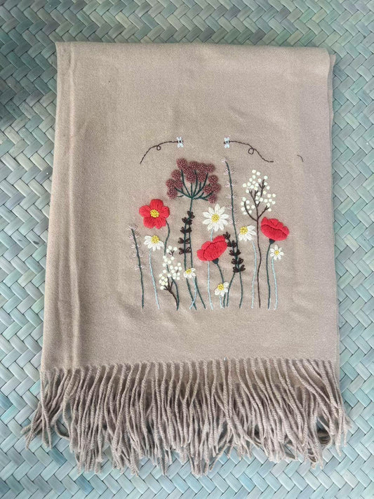 Flower Garden Hand-Embroidered Cashmere Beige Scarf