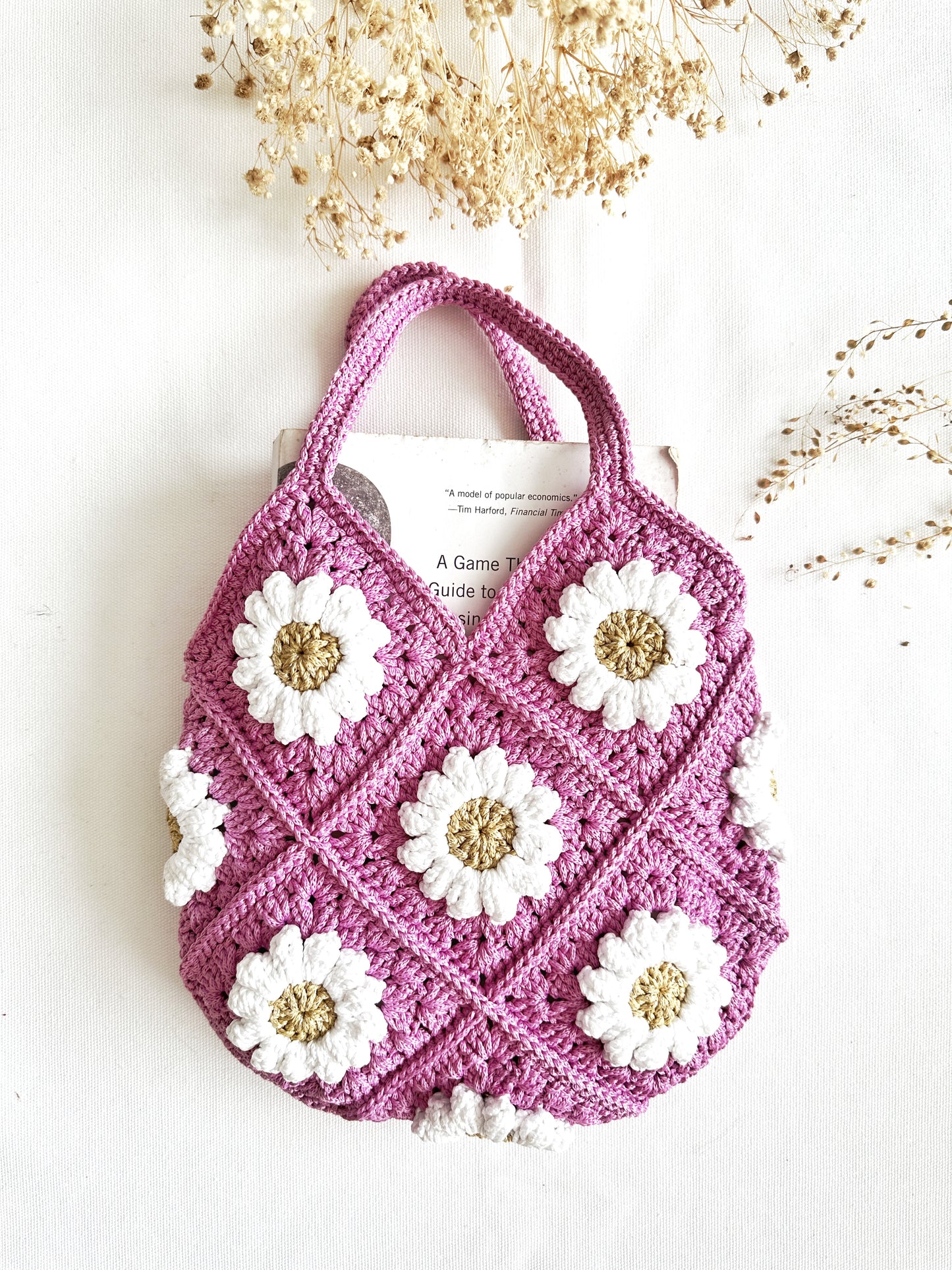 Hand-Crochet Daisy Mini Purple Tote Bag