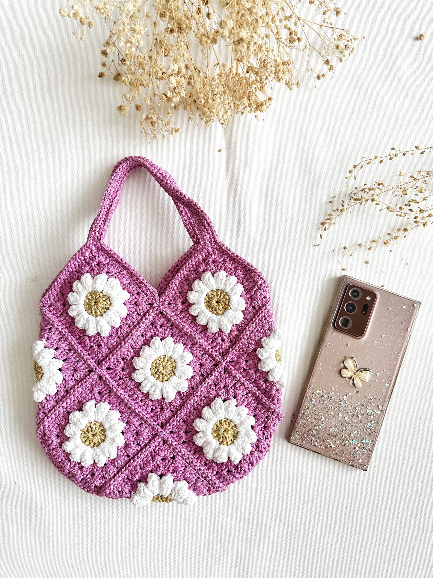 Hand-Crochet Daisy Mini Purple Tote Bag