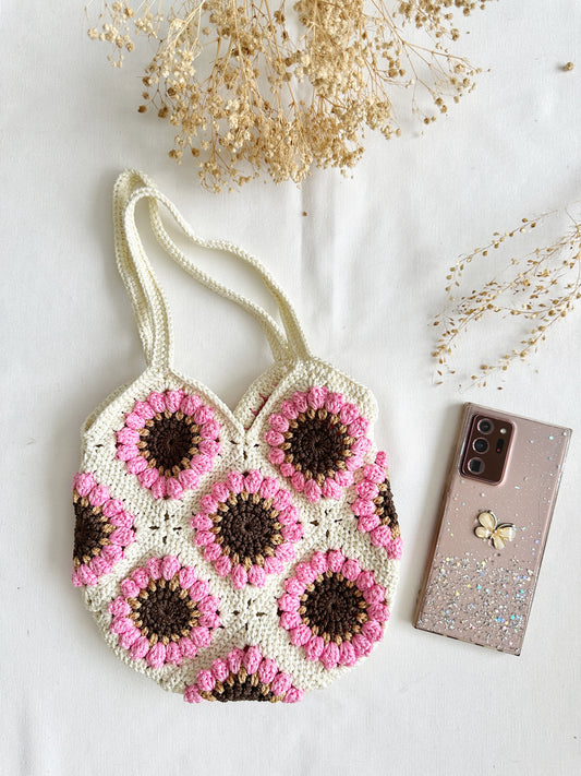 Hand-Crochet Pink Daisy Mini White Tote Bag