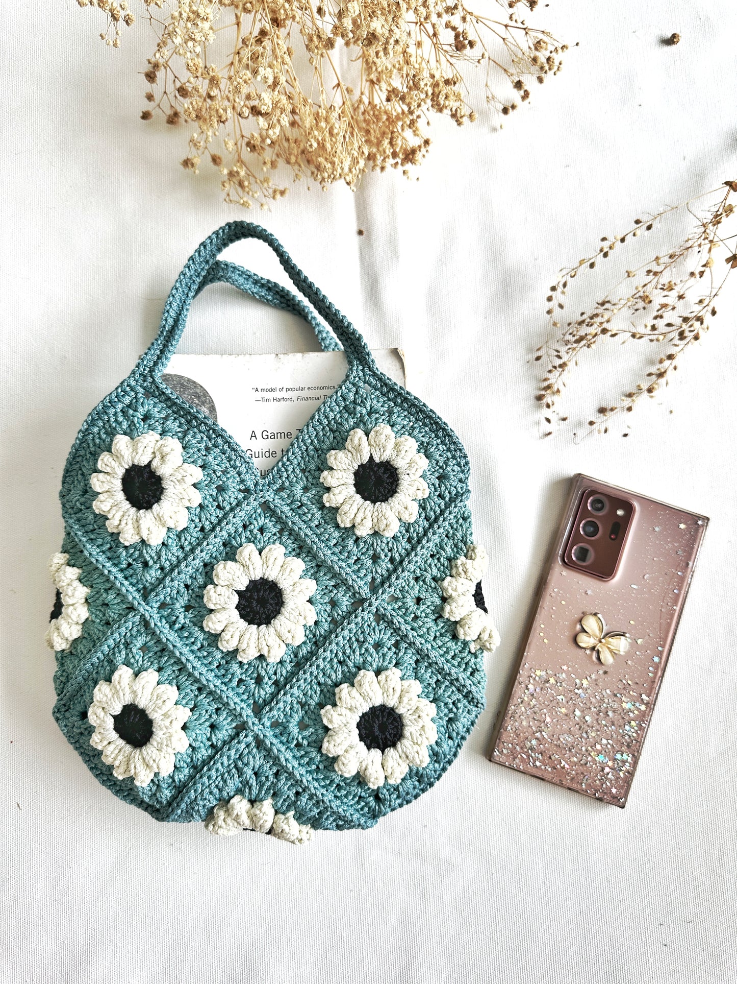 Hand-Crochet Daisy Mini Blue Tote Bag