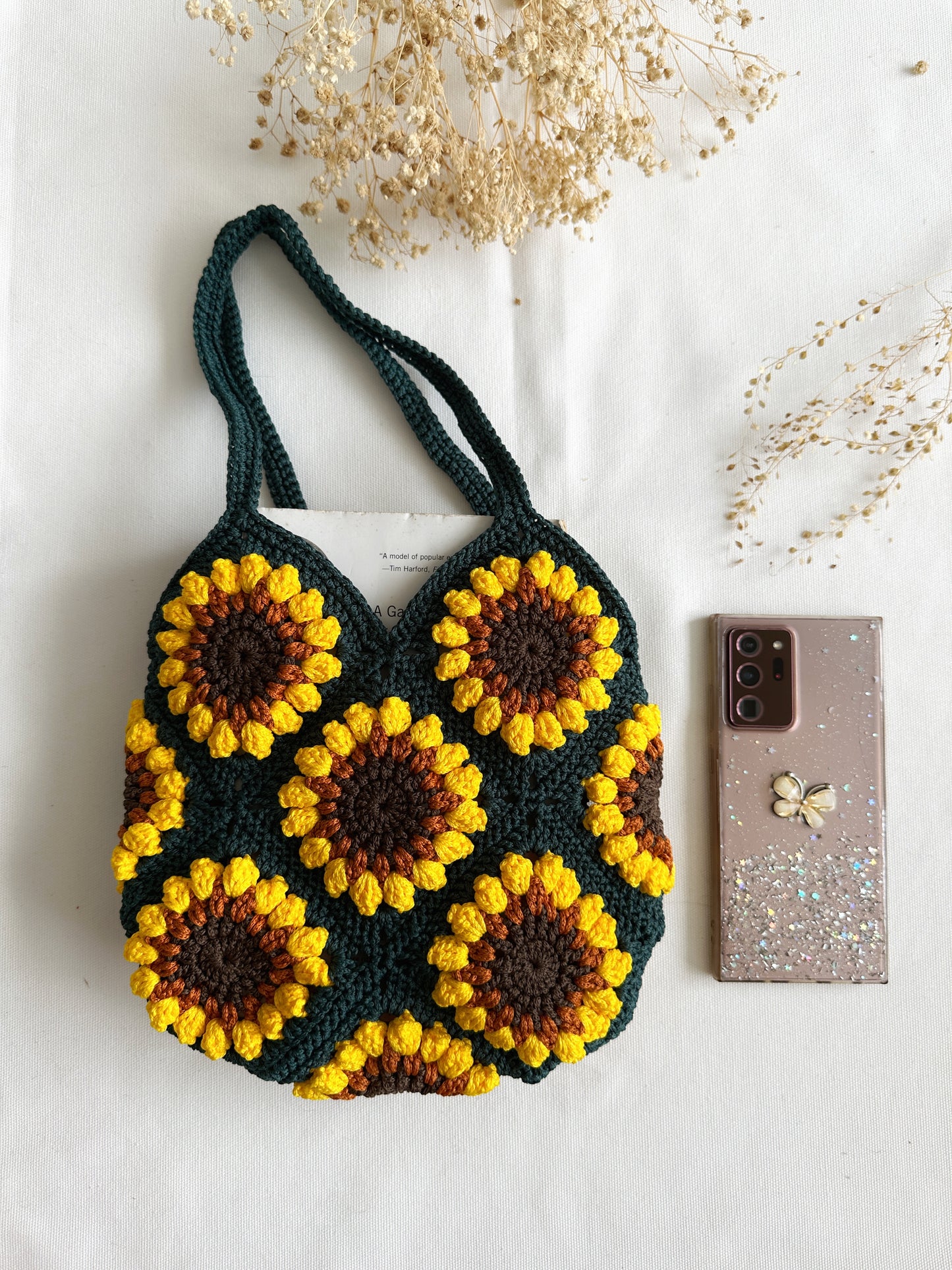 Hand-Crochet Sunflower Mini Dark Blue Tote Bag