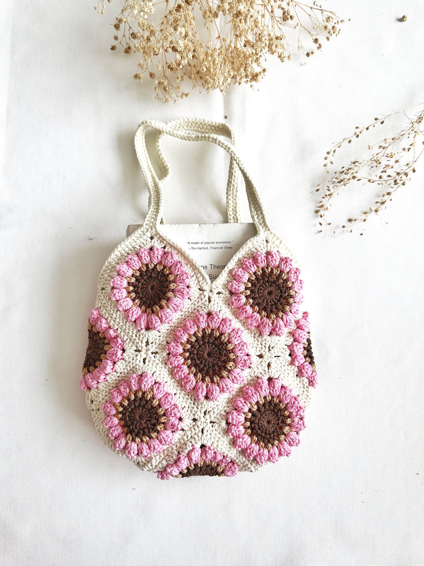 Hand-Crochet Pink Daisy Mini White Tote Bag