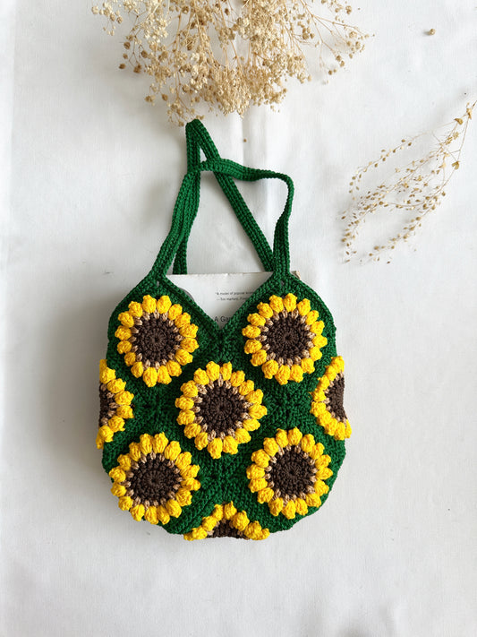 Hand-Crochet Sunflower Mini Green Tote Bag